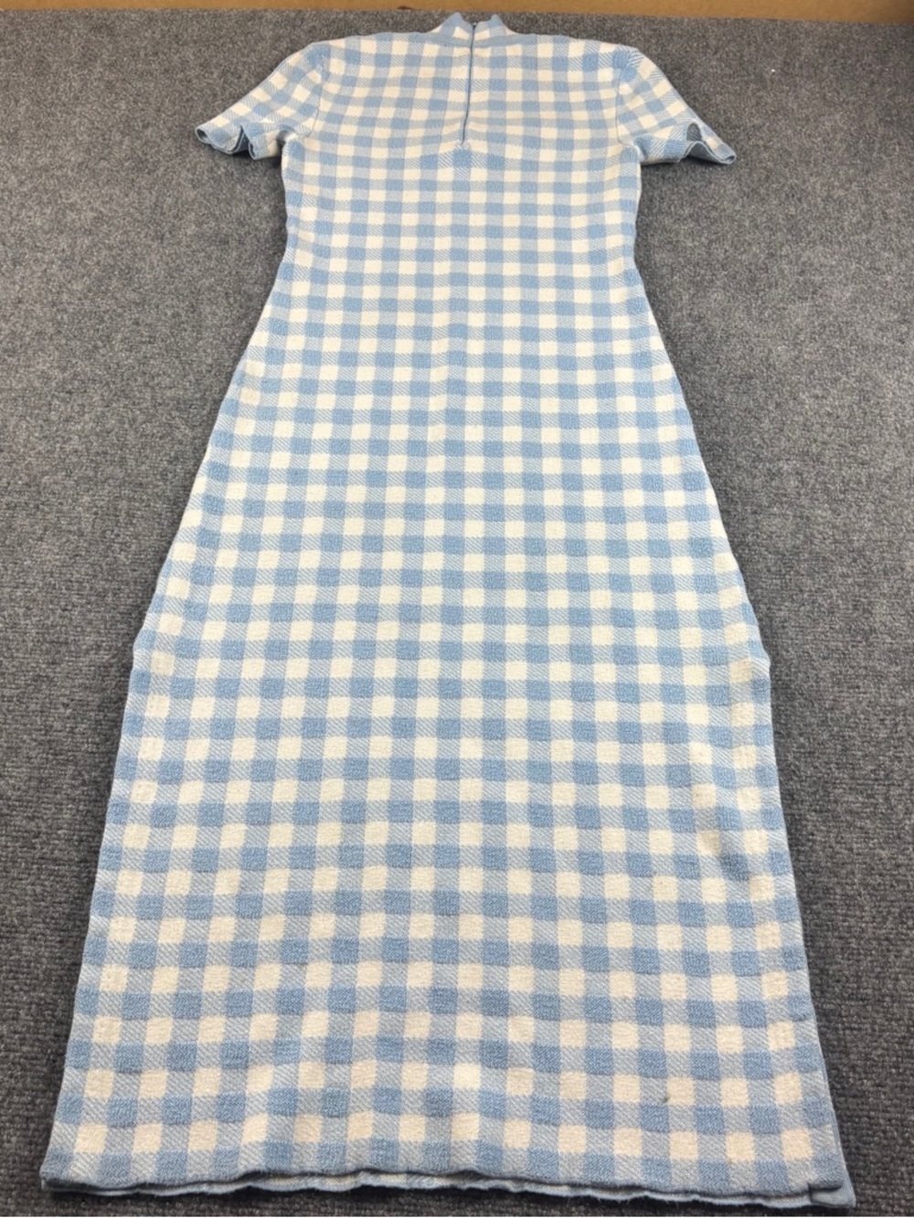 STAUD Women’s Blue/White Plaid Print Short Sleeve Midi Dress Mock Neck - Small - Picture 2 of 11